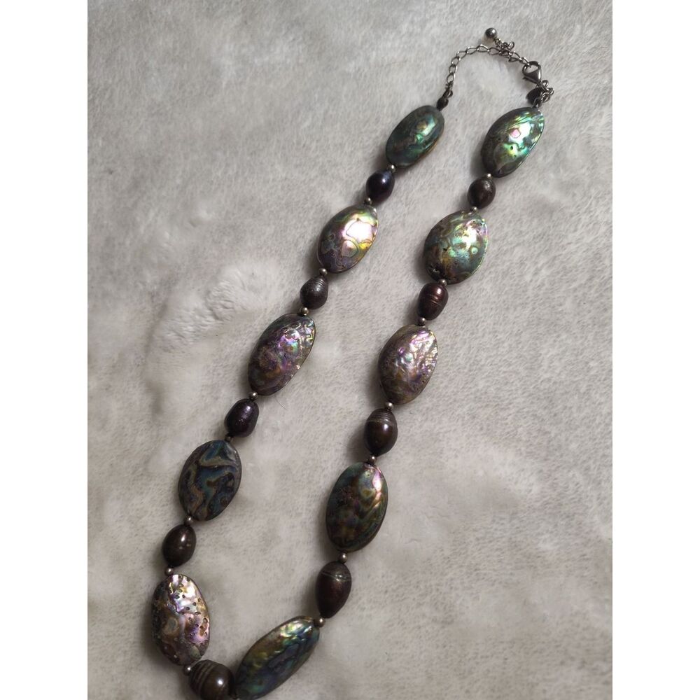 Donna Dressler 18" Abalone Stones Black Beads 925 Sterling Silver Necklace